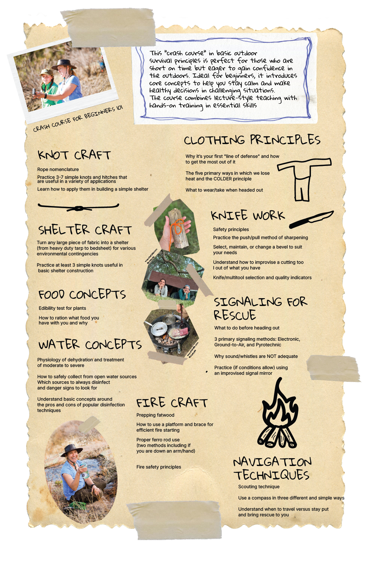 Course skills overview: knots, shelter, clothing, knife work, signaling, water, fire, navigation